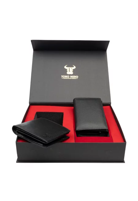 Комплект дамски портфейл и мъжки портфейл естествена кожа - Черен - 11.5x9x2cm