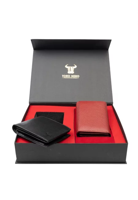 Комплект дамски портфейл и мъжки портфейл естествена кожа - Червен/Черен - 11.5x9x2cm