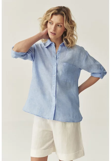 Ленена риза с джоб на гърдите - Пастелносин