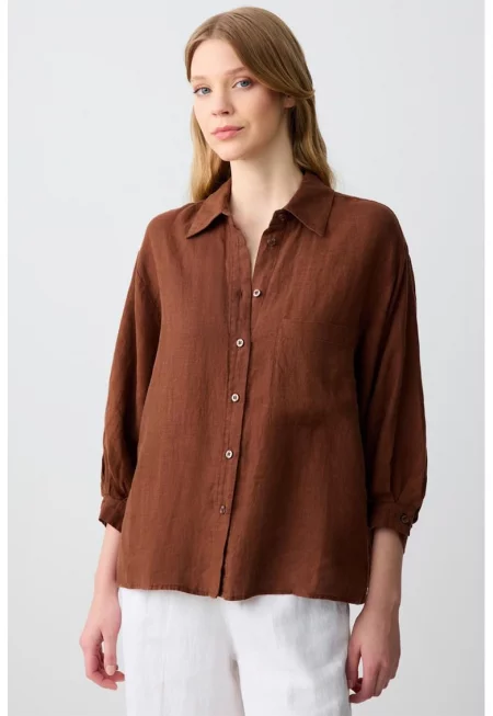 Ленена риза с джоб на гърдите - Тъмнокафяв