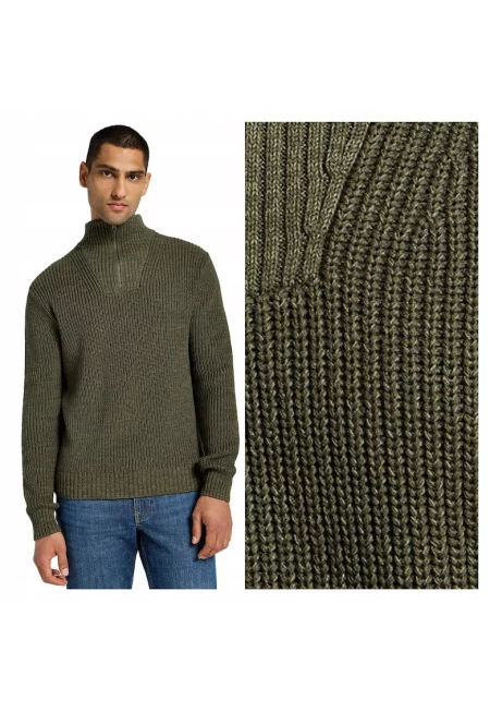Мъжки пуловер -  HALF ZIP KNIT - Regular Fit - С цип - Висока яка - Дълъг ръкав - Без джобове - Памук - S INTL - Зелен