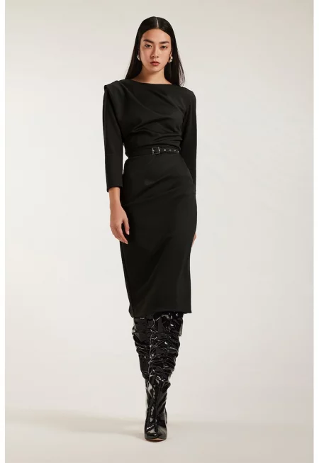 Миди рокля с драпиране - Черен