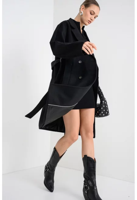 Палто с вълна със застъпен дизайн - Черен