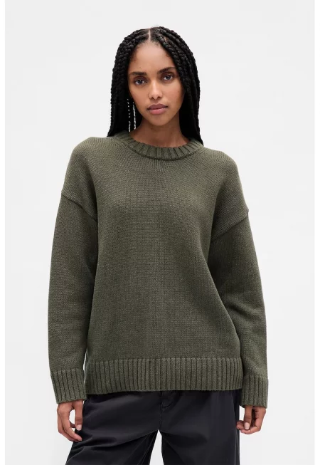 Памучен пуловер с паднали ръкави - Бледо каки