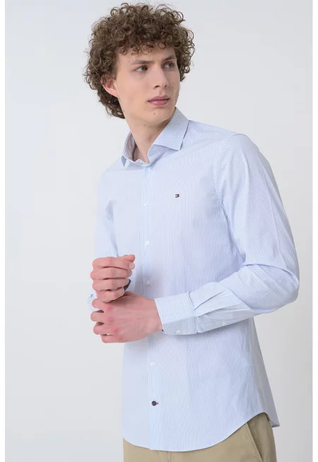 Памучна риза с лого - Бял/Пастелносин