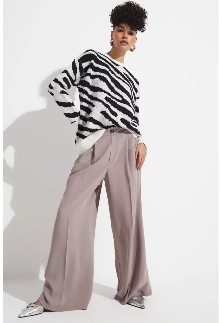 Панталон с висока талия и широк крачол - Сиво-бежов