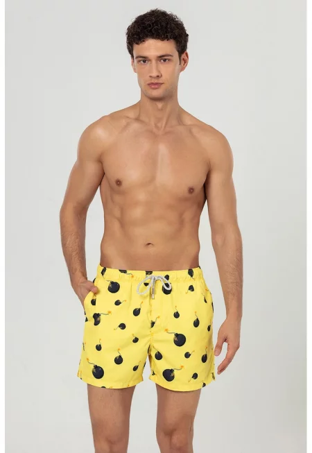 Плувни шорти с принт и джобове - Жълт/Избеляло черно