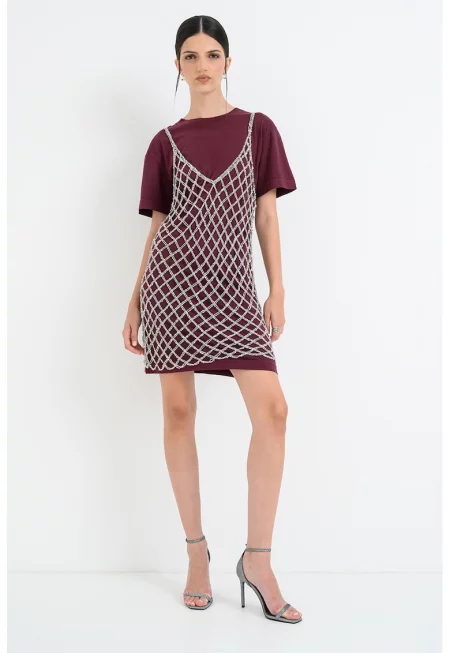 Права рокля тип тениска с овално деколте - Тъмновиолетов/Сребрист
