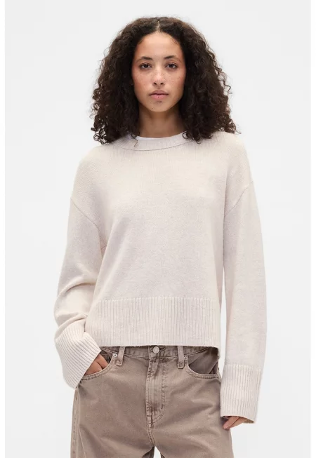 Пуловер с памук с овално деколте - Бежов