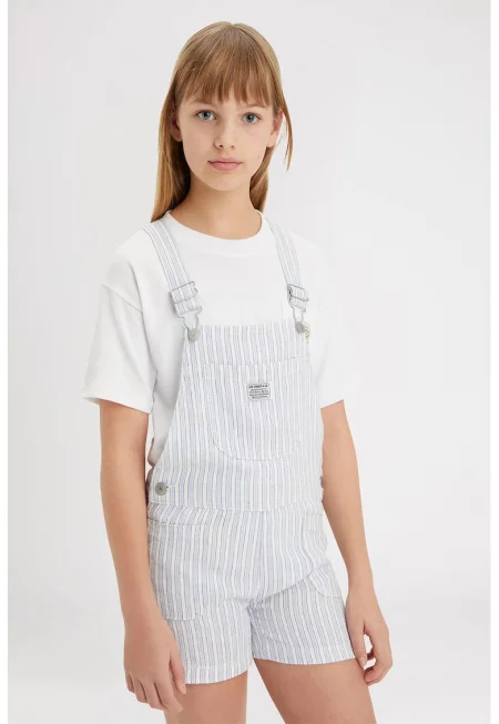 Раиран гащеризон с лен - Бял/Светлосин