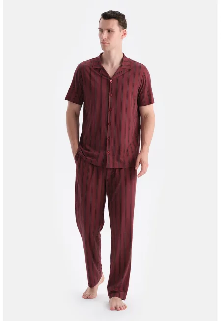 Раирана пижама с памук - Тъмночервен