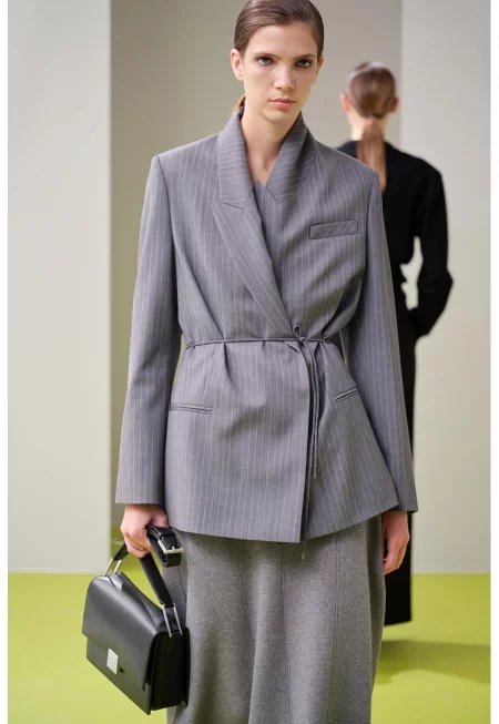 Раирано сако с вълна с остри ревери - Бял/Сив меланж