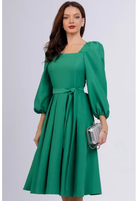 Разкроена миди рокля с бухнали ръкави - Аква зелено