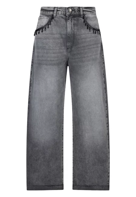 Разкроени дънки с апликации - Сив меланж