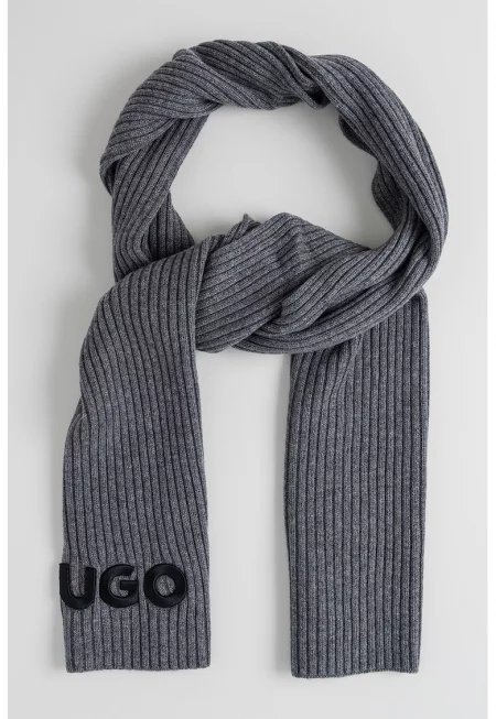 Рипсен шал от необработена вълна с лого - Сив