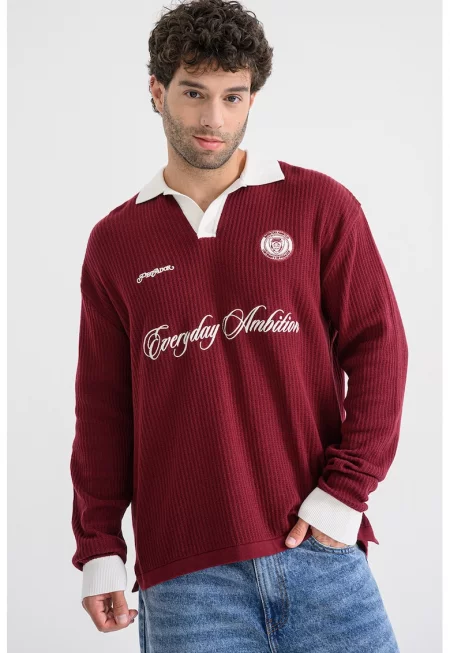 Рипсена блуза с яка и бродерии - Червен