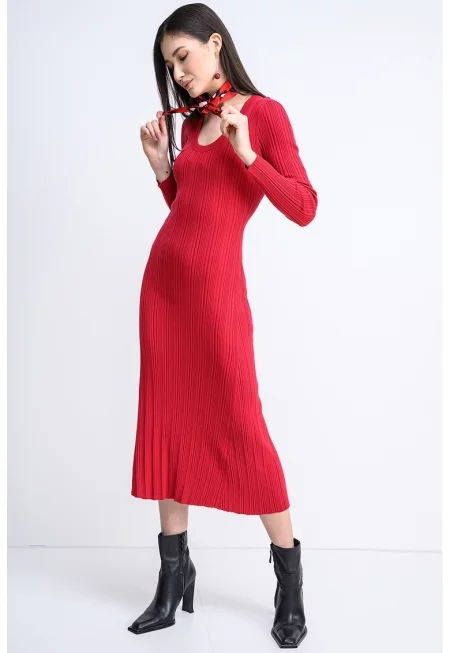 Рипсена рокля с овално деколте - Тъмночервен