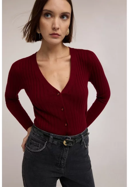 Рипсена слим жилетка с вълна - Тъмночервен