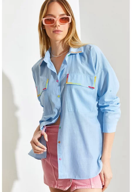 Риза с джобове на гърдите - Светлосин