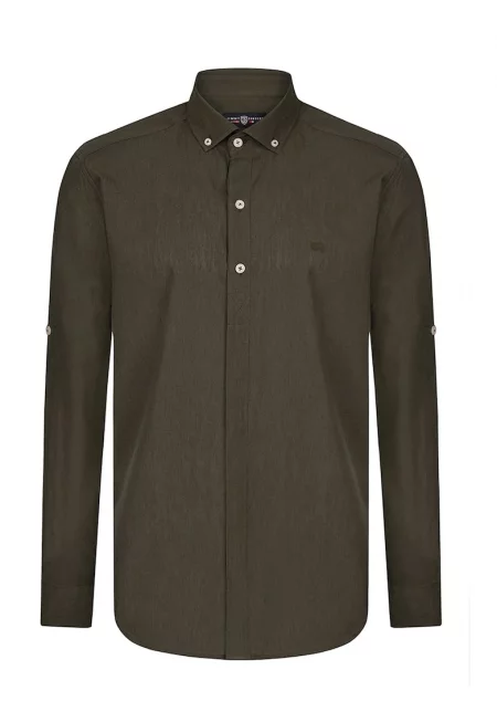 Риза с лен и копчета на яката - Бледо каки