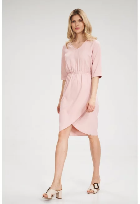 Рокля  розова - ластик на талията - къс ръкав - полиестер