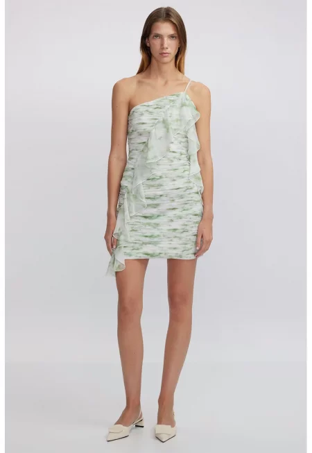 Рокля с едно рамо и набирания - Бял/Зелен