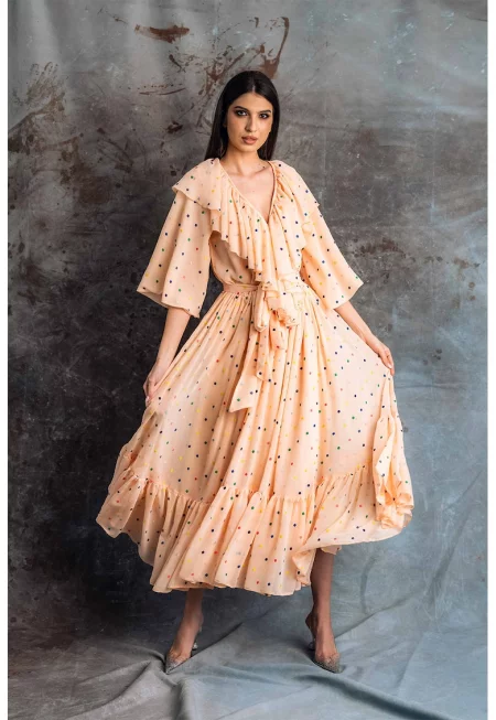 Рокля с коприна Este с набирания - Праскова