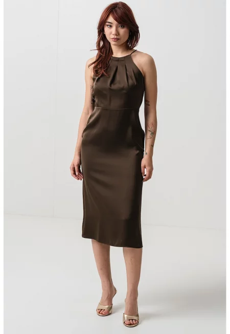 Сатинирана рокля без ръкави - Тъмнокафяв