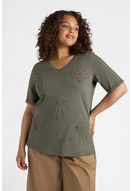 Шпиц тениска с декоративни камъни - Каки