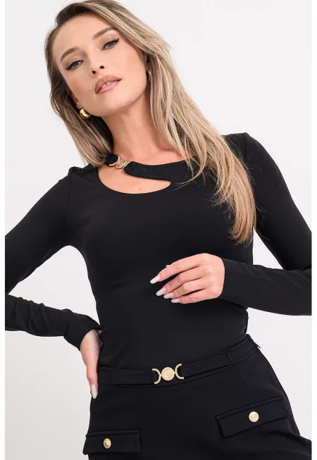 Слим блуза с отвор и метален детайл - Черен