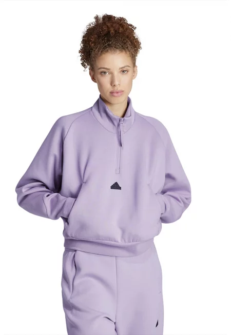 Суитшърт с къс цип и джоб кенгуру - Лилав