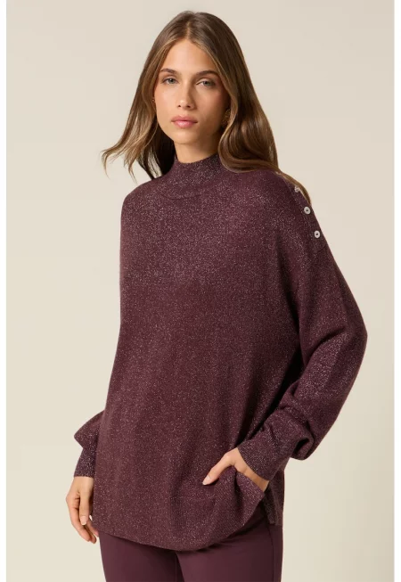 Свободен пуловер с вълна и паднали ръкави - Тъмновиолетов/Сребрист