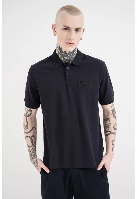 Тениска с яка и пришито лого - Ултрамарин синьо