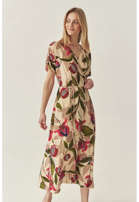 Застъпена десенирана рокля - Червен/Кафяв/Бежов