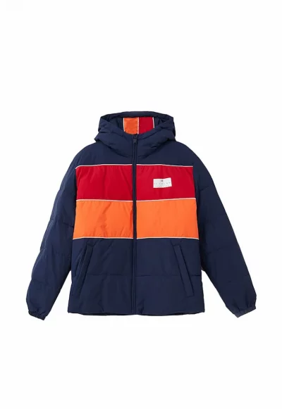 Зимно яке с дизайн с цветен блок и качулка