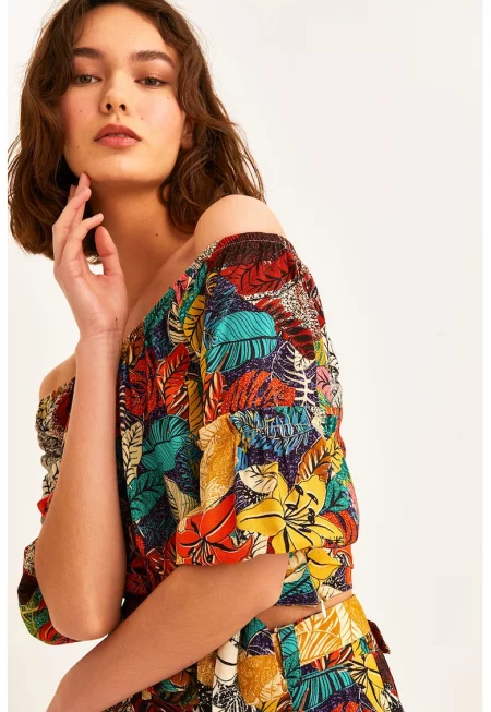 Блуза с голи рамене с принт