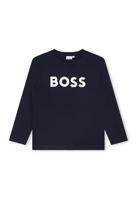 Блуза с овално деколте и контрастно лого - Тъмносин