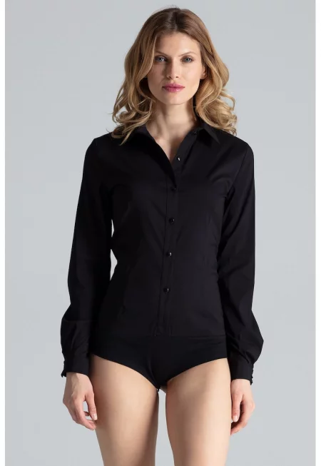 Боди  дамско - черно - памук - стандартна кройка - с яка