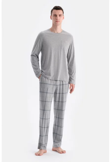 Дълга пижама от памук - Светло сив