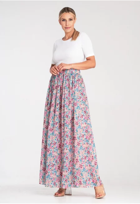 Дълга плисирана пола -  флорален модел - многоцветна - текстил