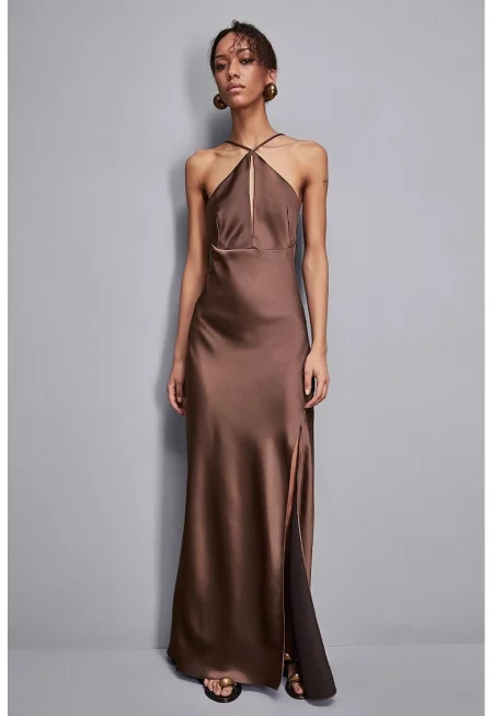 Дълга рокля с тънки презрамки и гол гръб - Кафяв