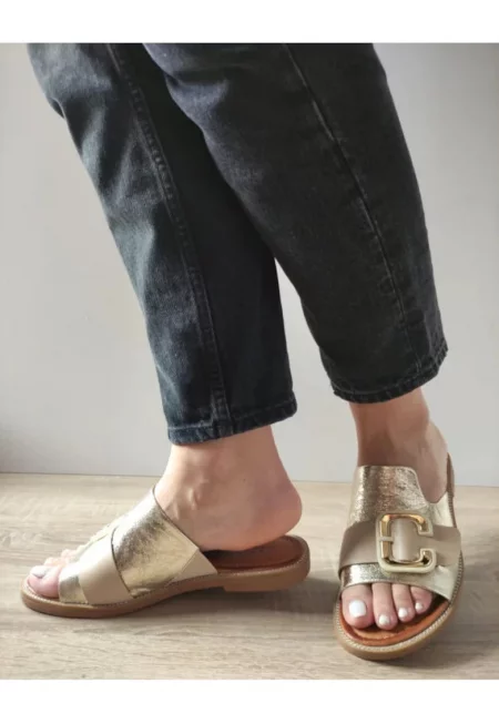 Дамски ежедневни сабо  10996 - златисто с бежово - златисто -