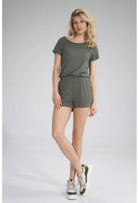 Дамски къс гащеризон -  маслиненозелен - вискоза -