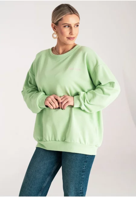 Дамски суитшърт  широк - зелен - бродерия - памук/полиестер - SM