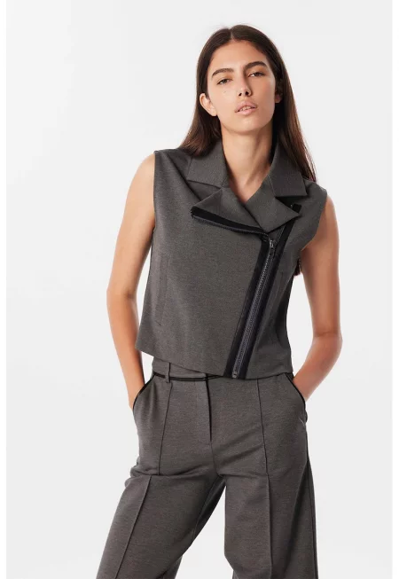 Елек с цип и двойни ревери - Светлосив меланж