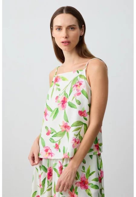 Флорална блуза с квадратно деколте - Зелен/Слонова кост/Розово