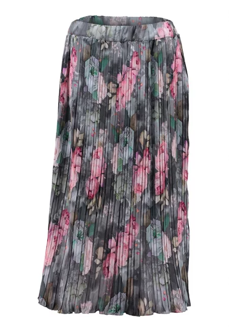 Флорална миди пола с еластична талия - Светло сив/Пастелнорозов/Папратово зелено