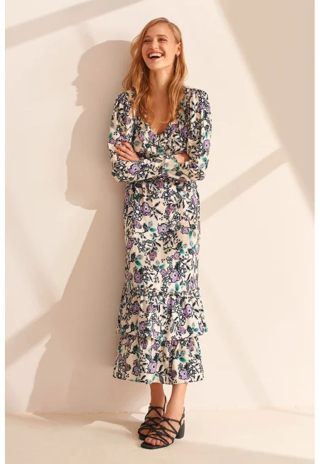 Флорална миди рокля с шпиц и дипли