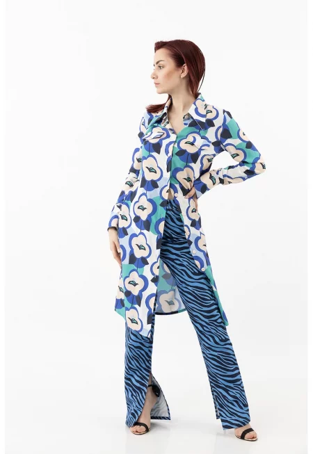 Флорална памучна рокля тип риза - Слонова кост/Тюркоаз/Кралско Синьо