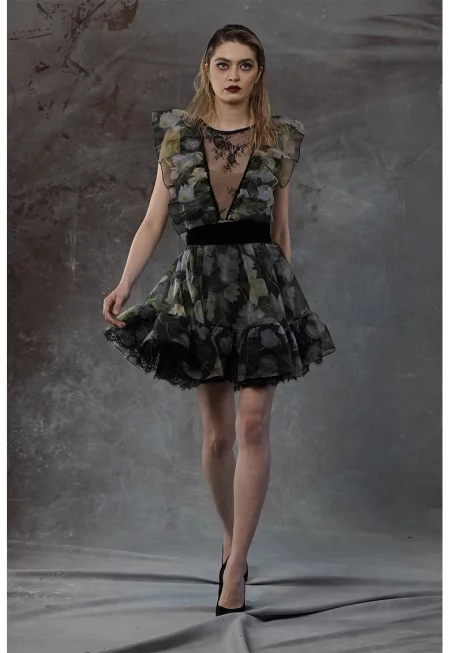 Флорална рокля Juanita с дантела - Зелен/Черен/Прашно синьо